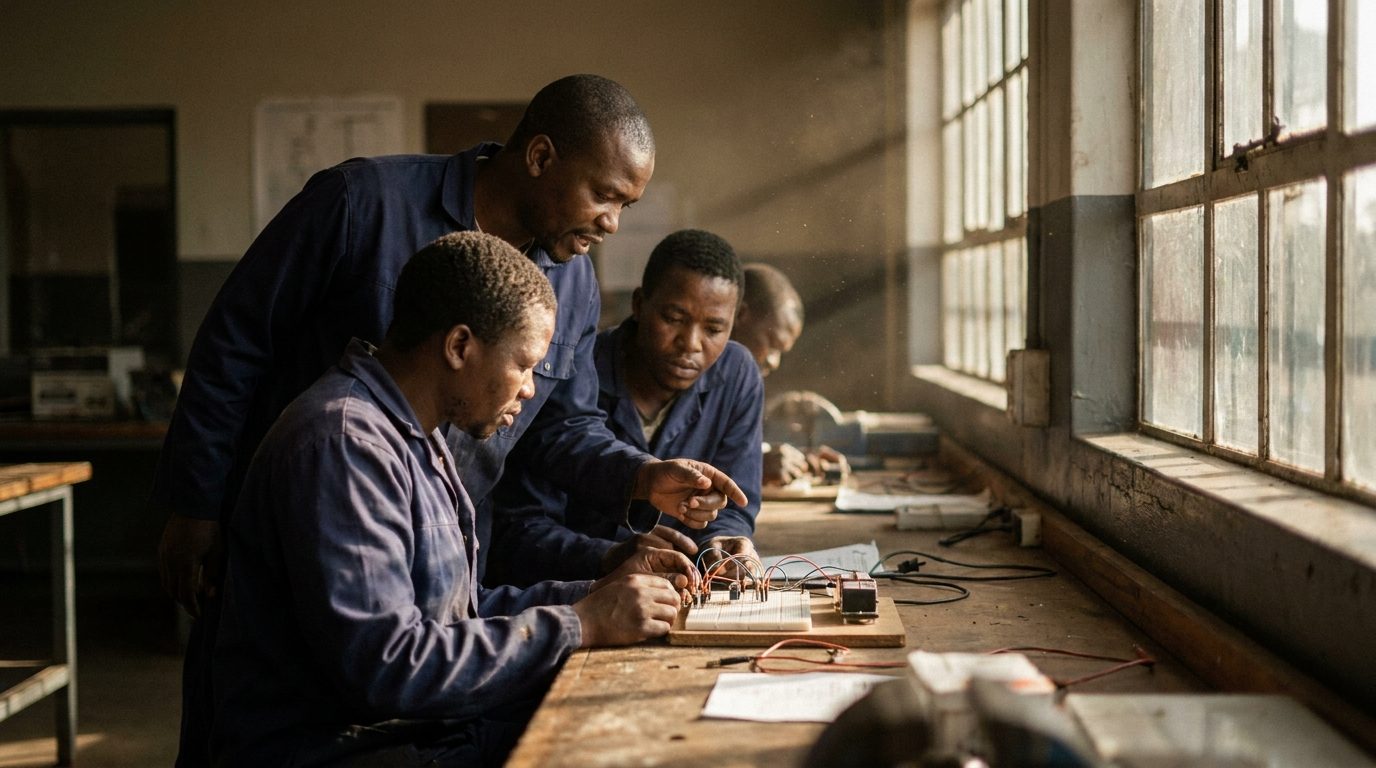 Learners at a practical electrical training bench with an instructor
